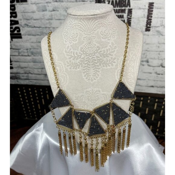 Carol Dauplaise Gold-Tone Navy Triangle Seed Beaded Tassel Statement Necklace - Picture 4 of 5